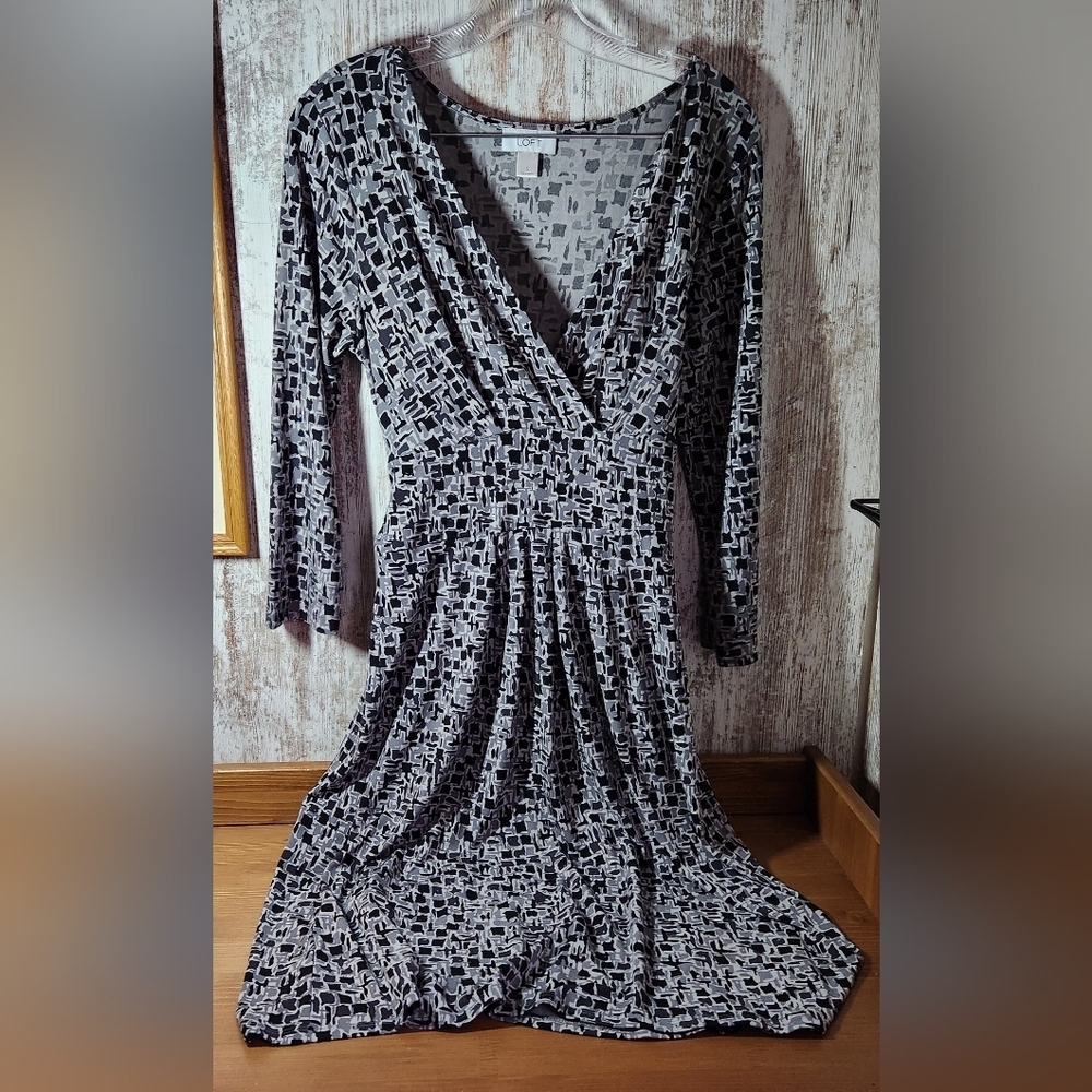 LOFT Black and Gray Patterned Midi Longsleeve Dress